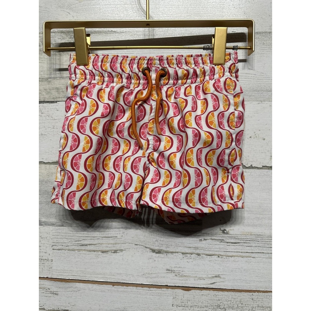 Swim Trunks Boys 4/5 Pink Orange Citrus Fruit Print Scene & Heard Shorter Length
